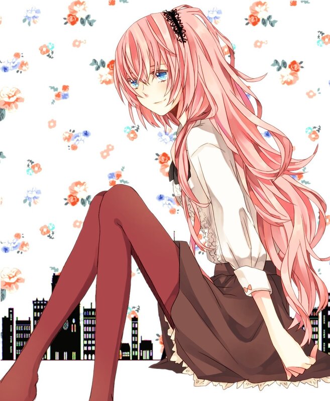 pink-haired anime girl sitting