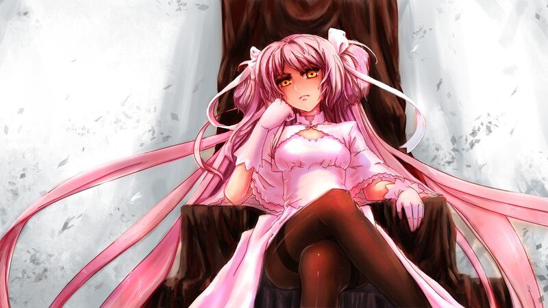 pink-haired anime girl sitting