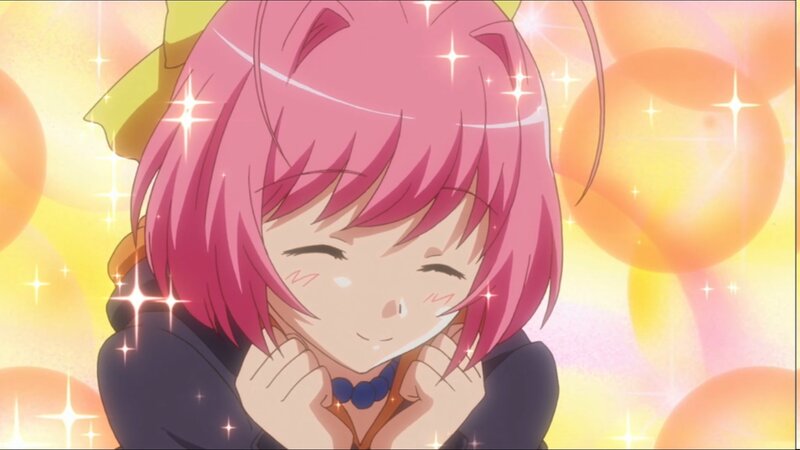 pink-haired anime girl smiling