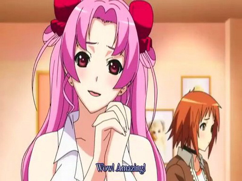 pink-haired anime girl smiling