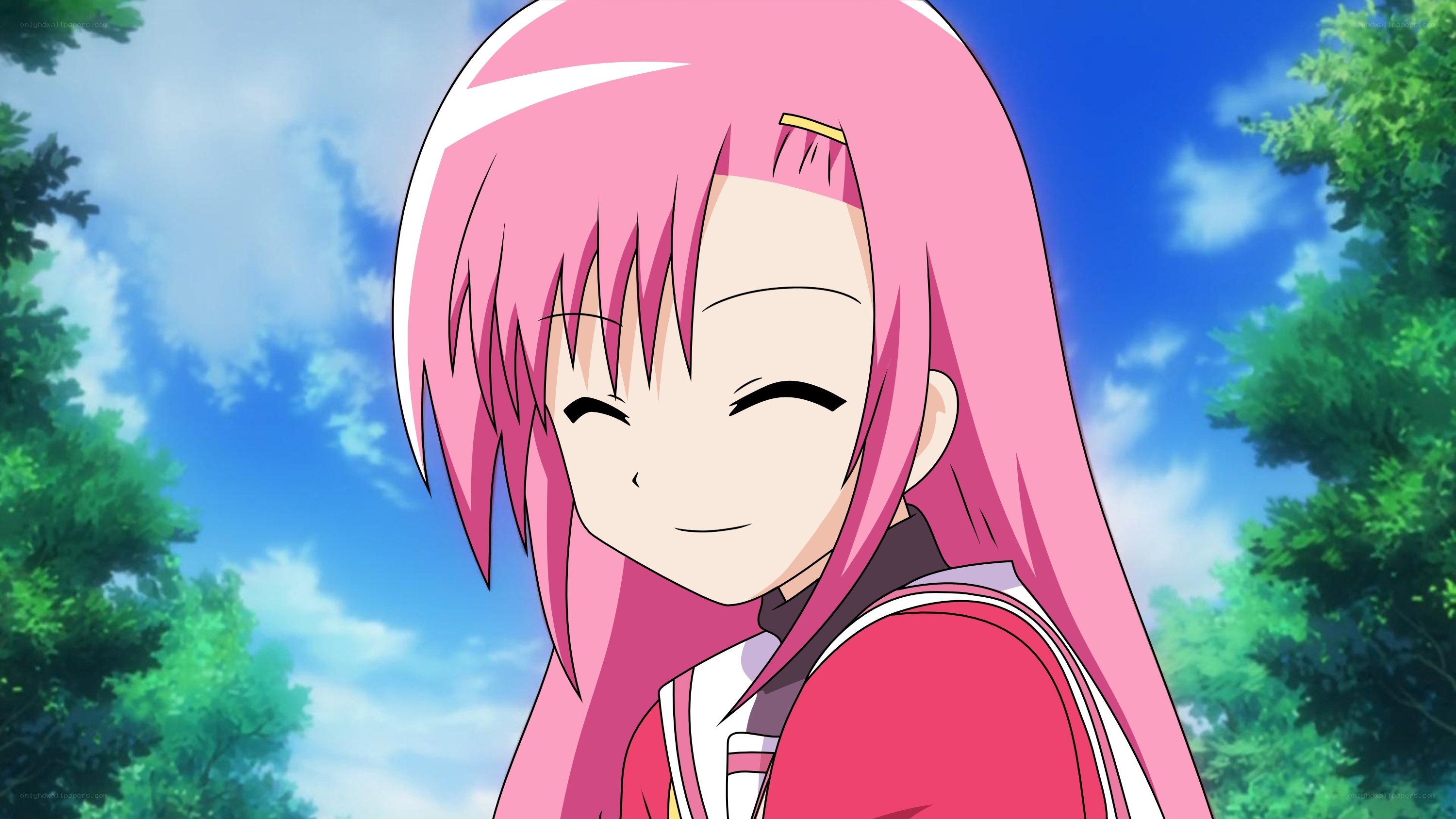 pink-haired anime girl smiling