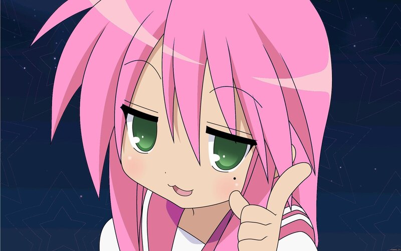 pink-haired anime girl smiling