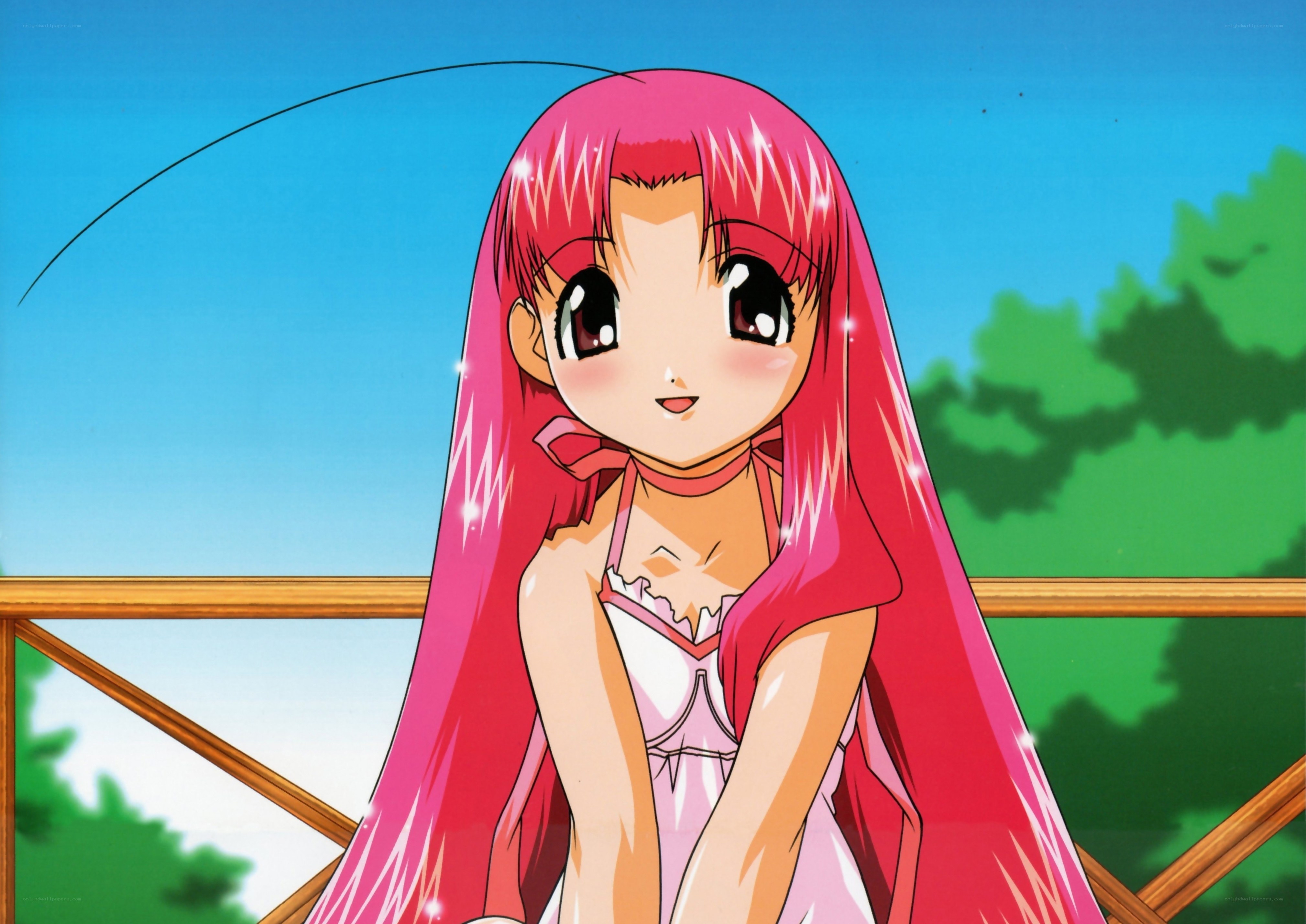 pink-haired anime girl smiling