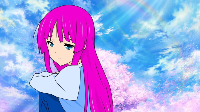 pink-haired anime girl under rainbow sky