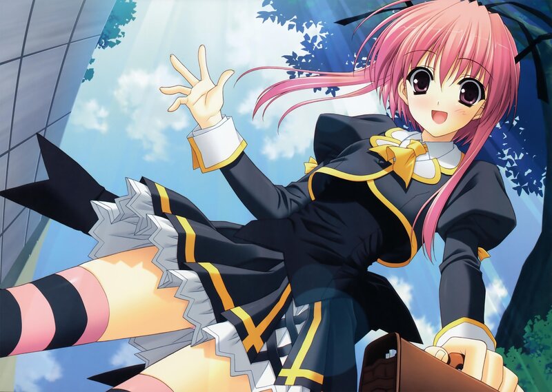 pink-haired anime girl waving