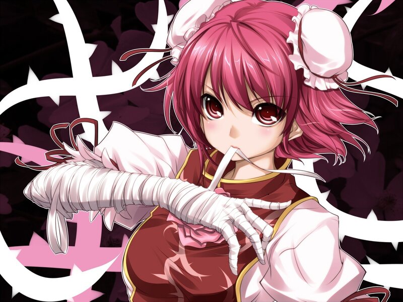pink-haired anime girl with bandaged hands