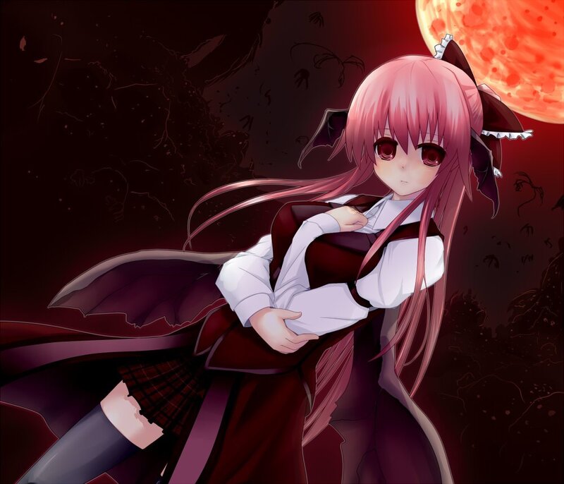 pink-haired anime girl with bat wings