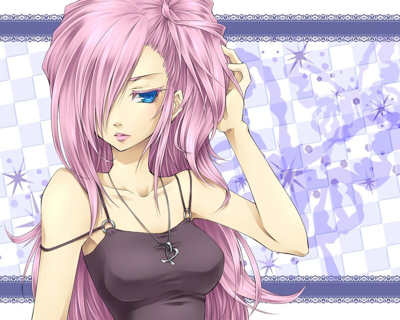pink-haired anime girl with blue eye