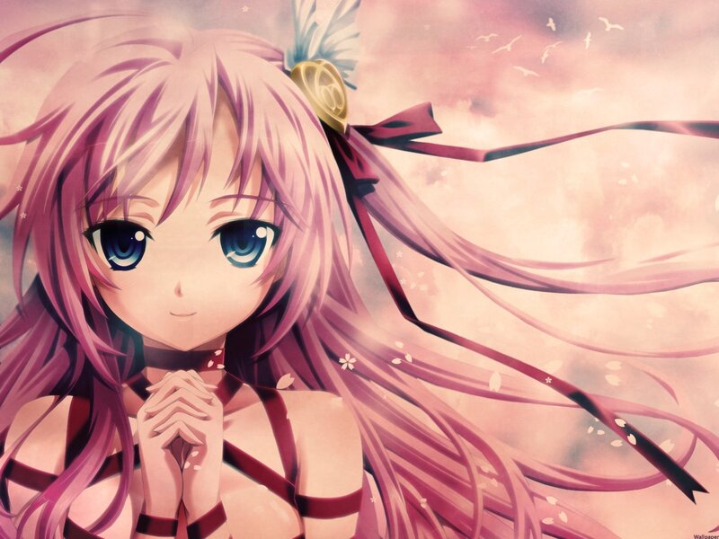 pink-haired anime girl with blue eyes