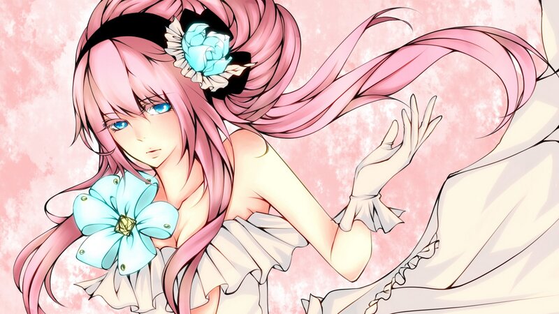 pink-haired anime girl with blue flower