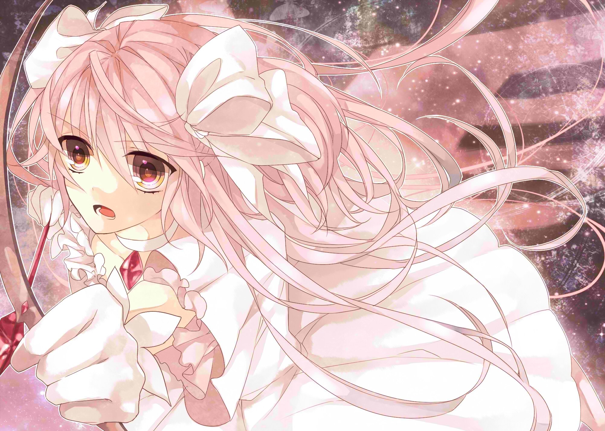 pink-haired anime girl with bow