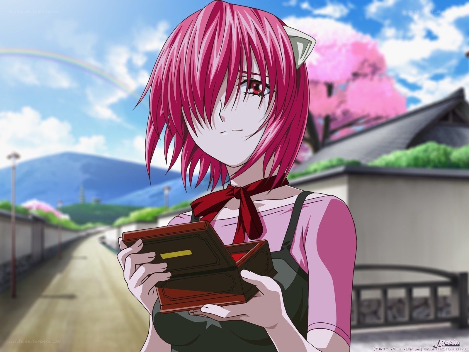 pink-haired anime girl with box