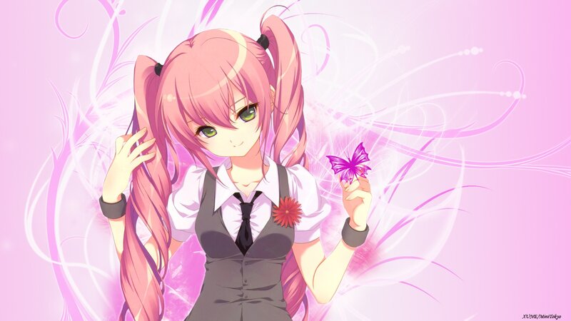 pink-haired anime girl with butterfly