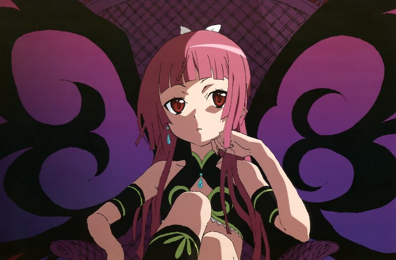 pink-haired anime girl with butterfly wings