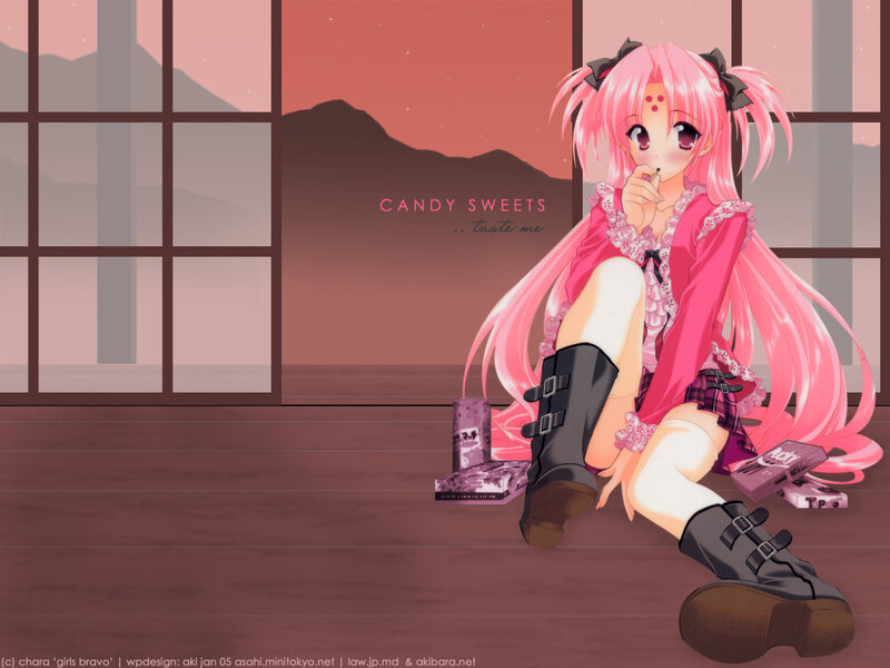 pink-haired anime girl with candy