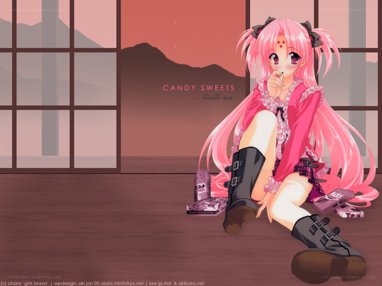 pink-haired anime girl with candy