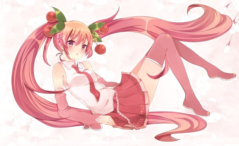 pink-haired anime girl with cherries