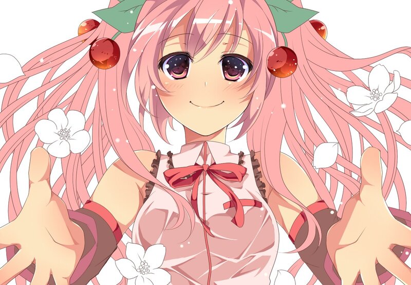 pink-haired anime girl with cherries