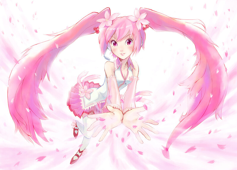 pink-haired anime girl with cherry blossoms