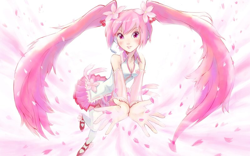 pink-haired anime girl with cherry blossoms