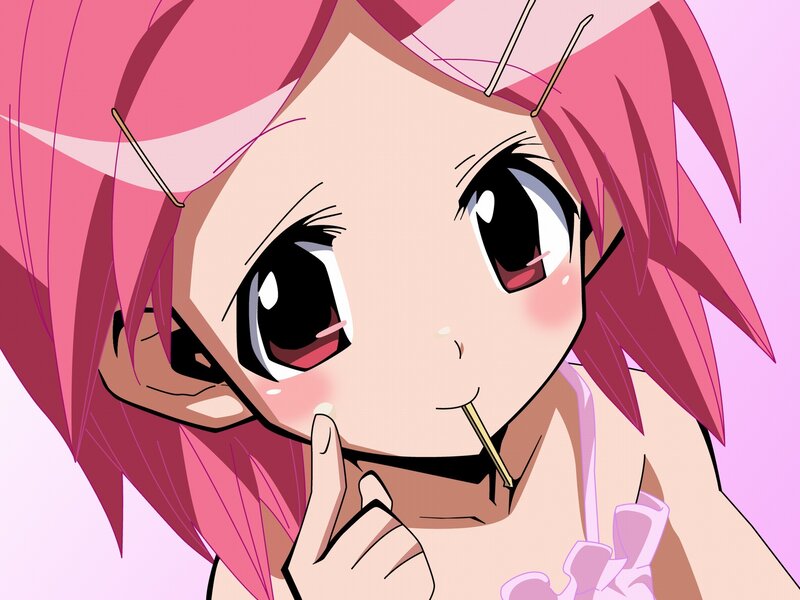pink-haired anime girl with chopsticks