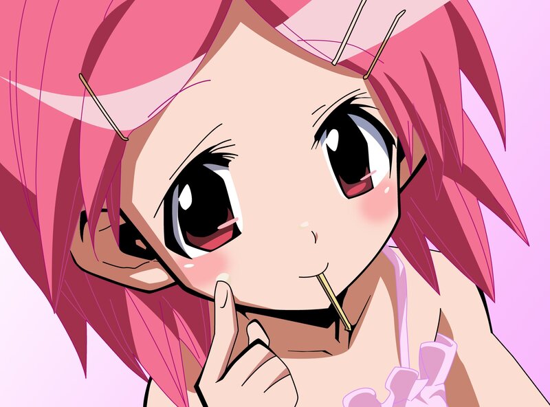 pink-haired anime girl with chopsticks