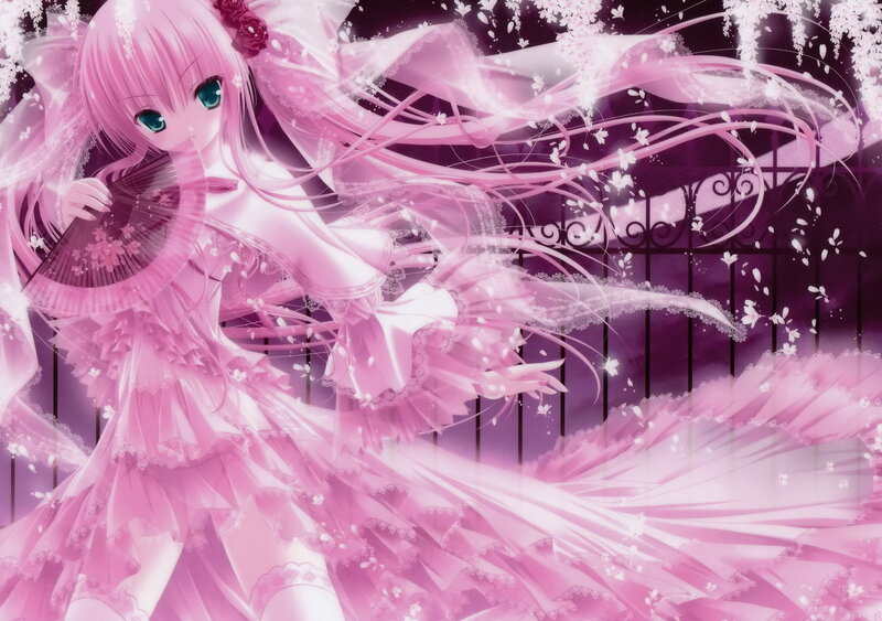 pink-haired anime girl with fan