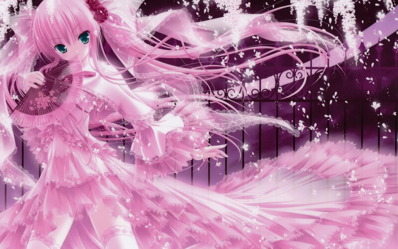 pink-haired anime girl with fan