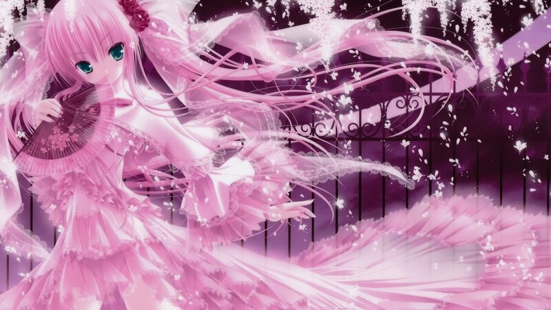 pink-haired anime girl with fan