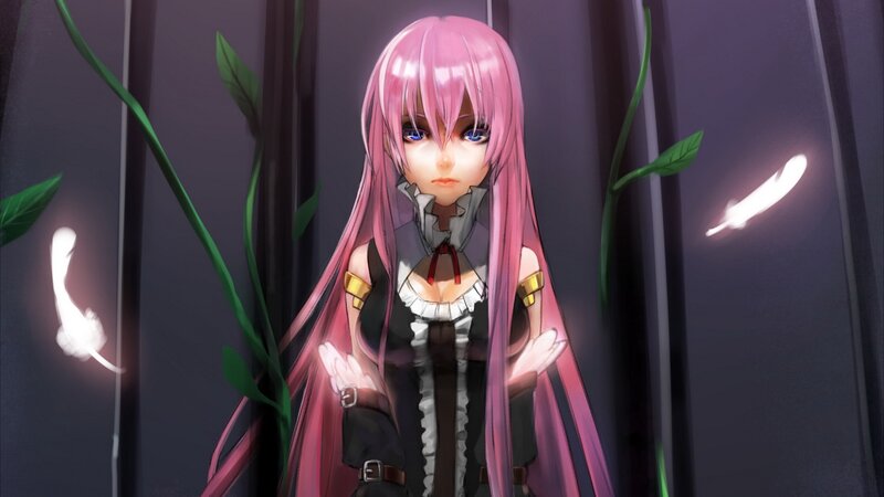 pink-haired anime girl with feathers