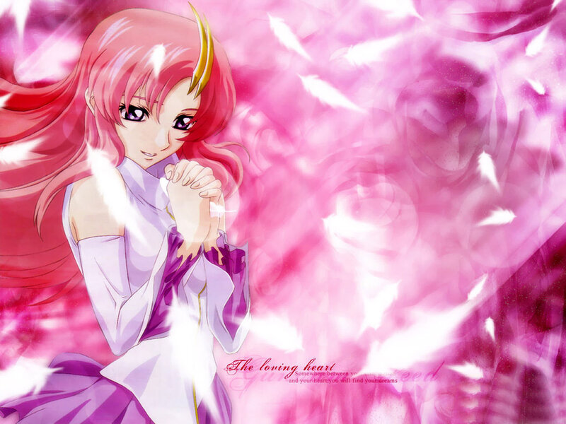 pink-haired anime girl with feathers
