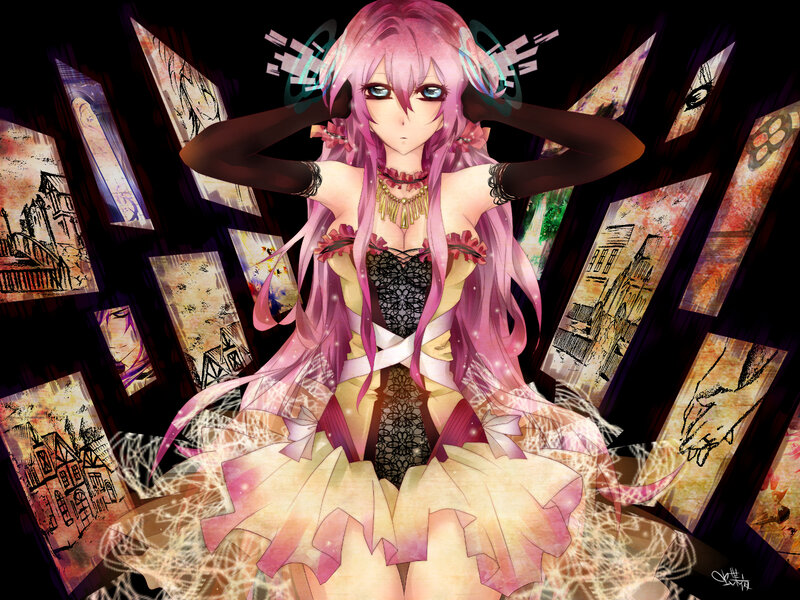 pink-haired anime girl with floating cards