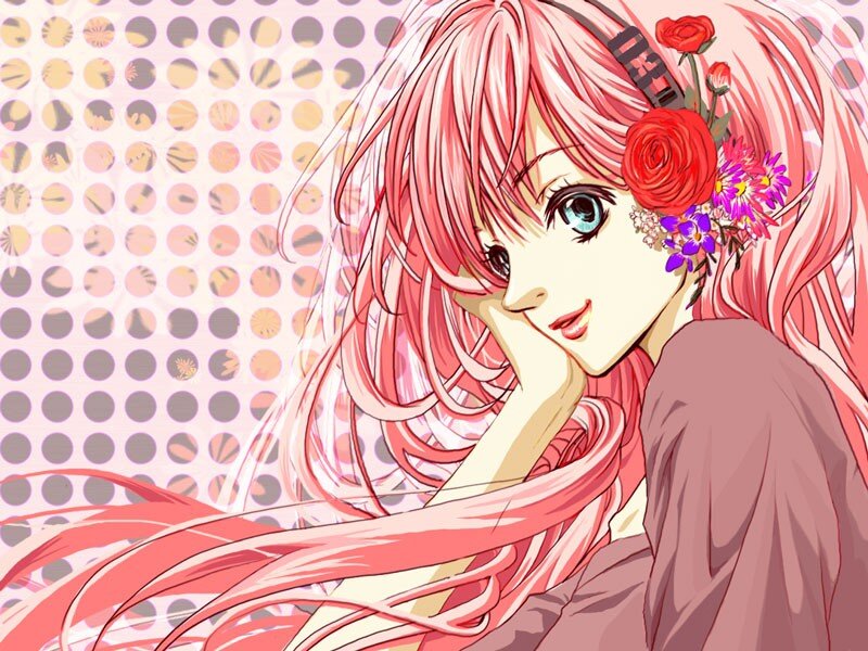 pink-haired anime girl with flowers
