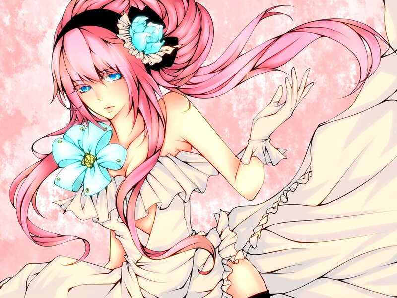pink-haired anime girl with flowers