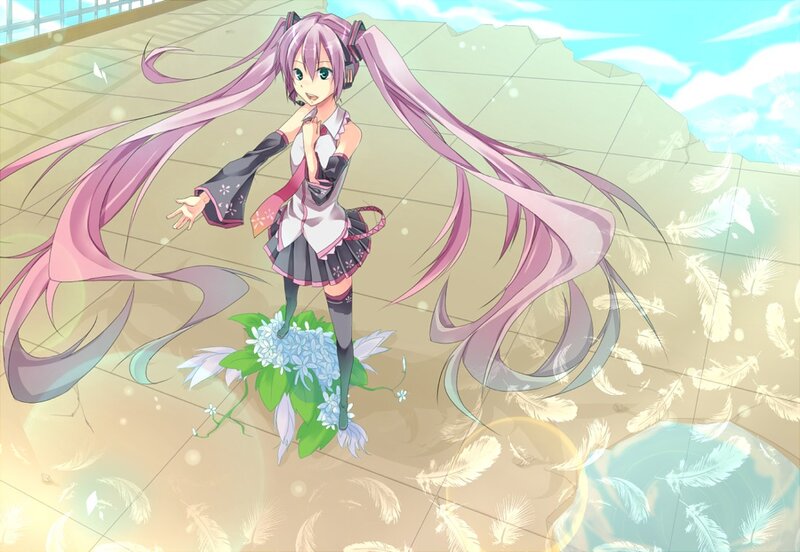 pink-haired anime girl with flowers