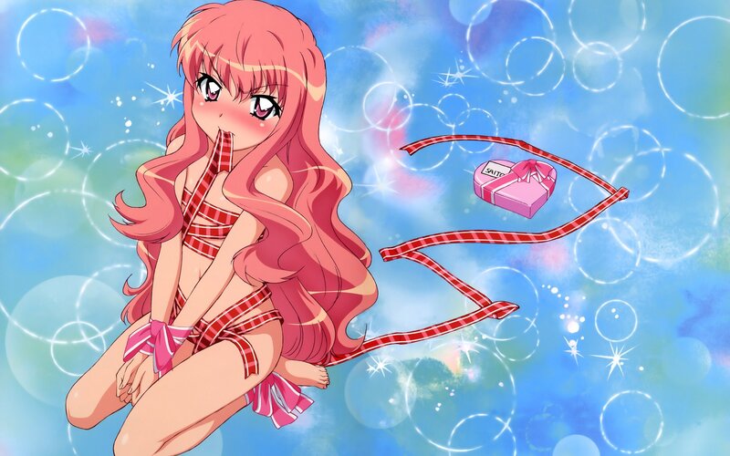 pink-haired anime girl with gift