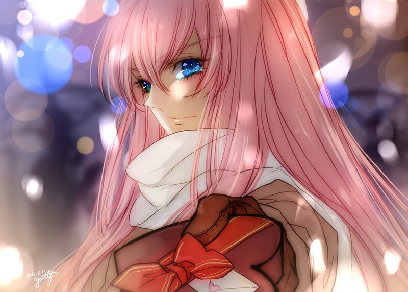 pink-haired anime girl with gift