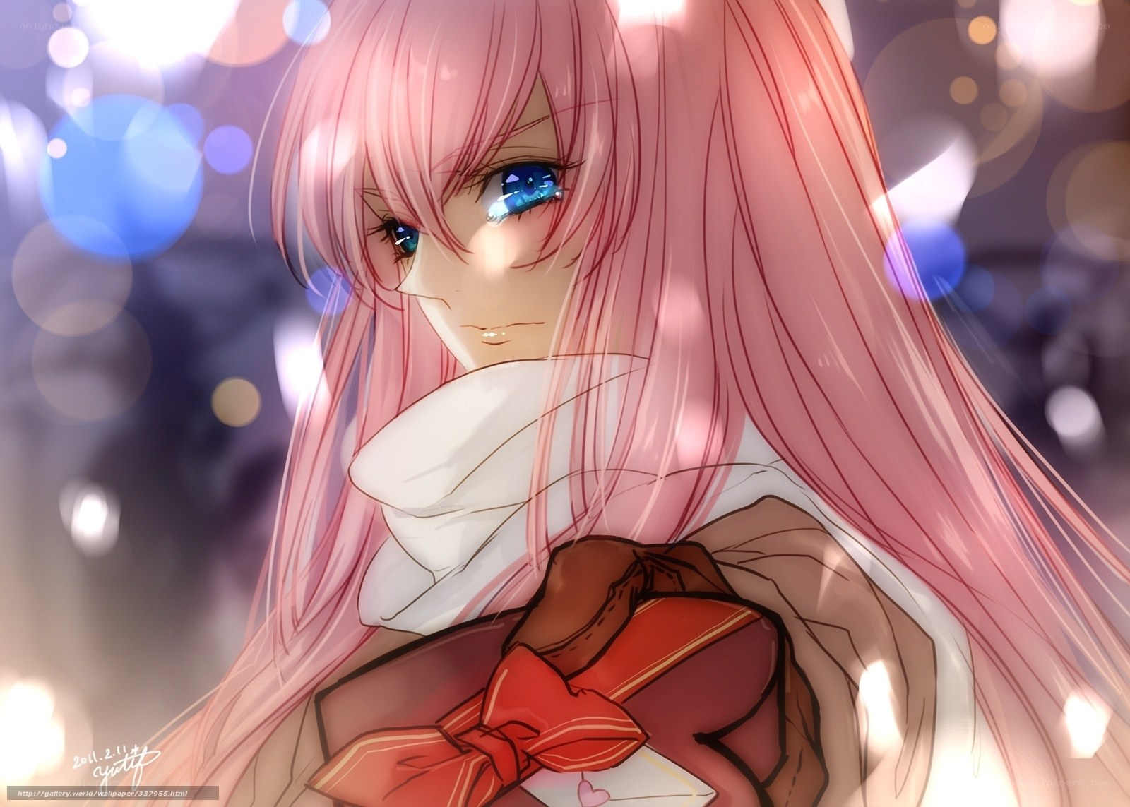 pink-haired anime girl with gift