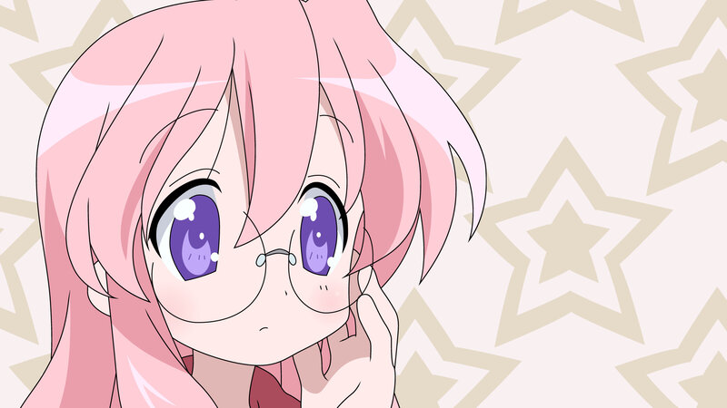 pink-haired anime girl with glasses