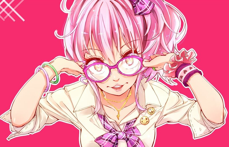 pink-haired anime girl with glasses