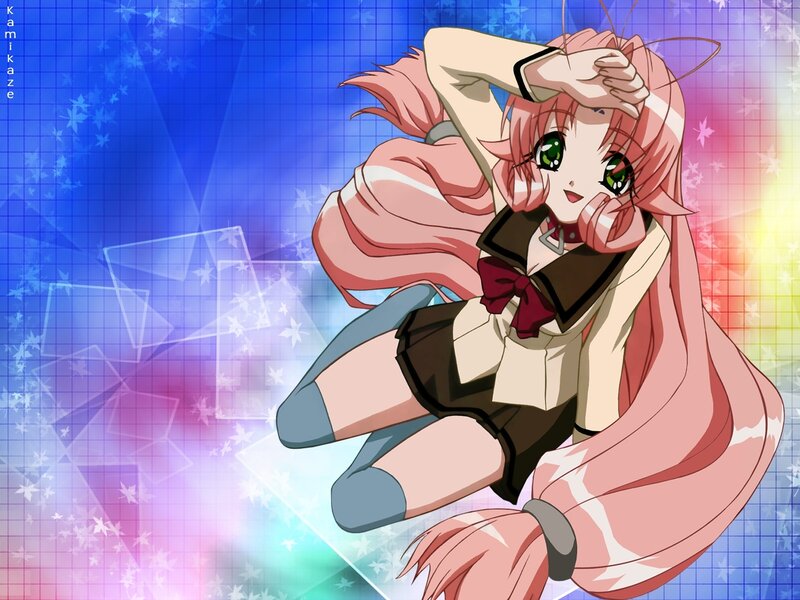 pink-haired anime girl with green eyes