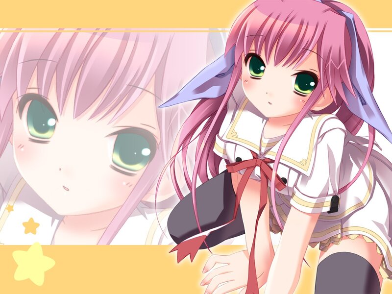 pink-haired anime girl with green eyes