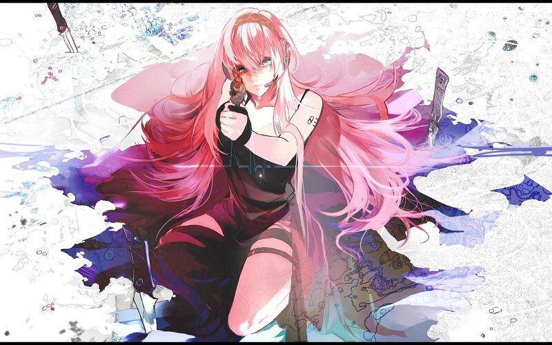 pink-haired anime girl with gun