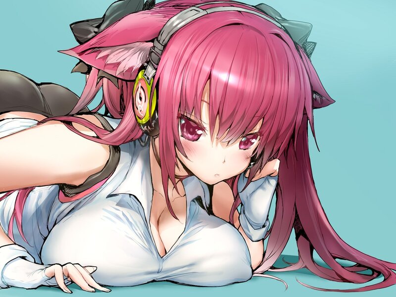 pink-haired anime girl with headphones