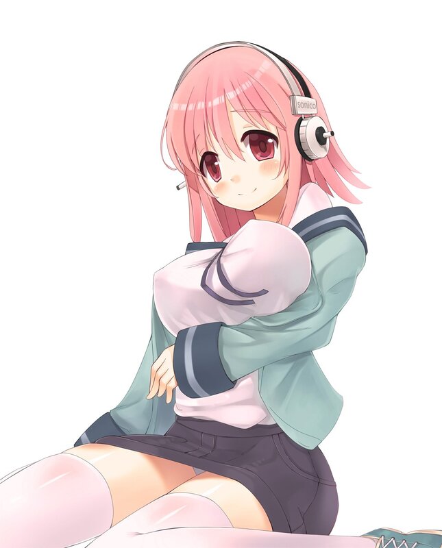pink-haired anime girl with headphones
