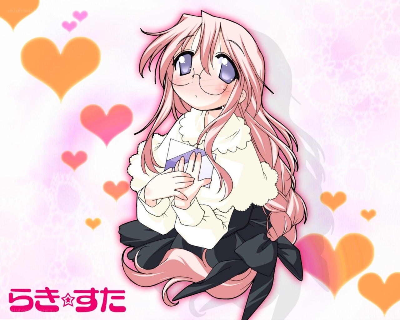 pink-haired anime girl with hearts
