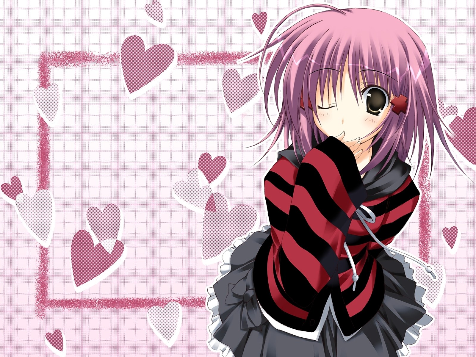 pink-haired anime girl with hearts