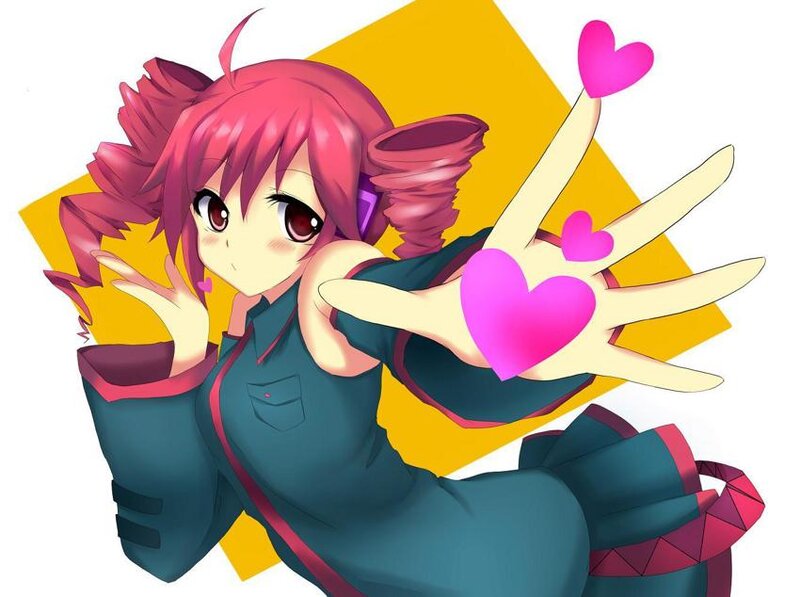 pink-haired anime girl with hearts