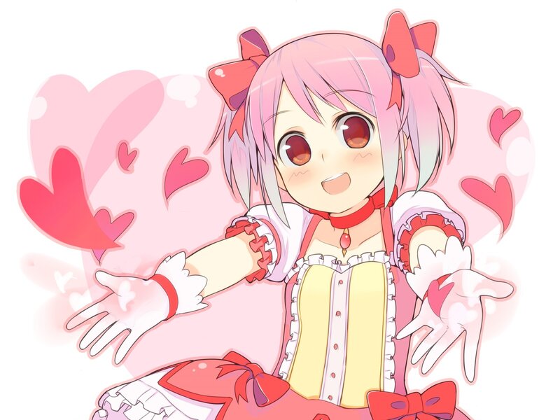 pink-haired anime girl with hearts