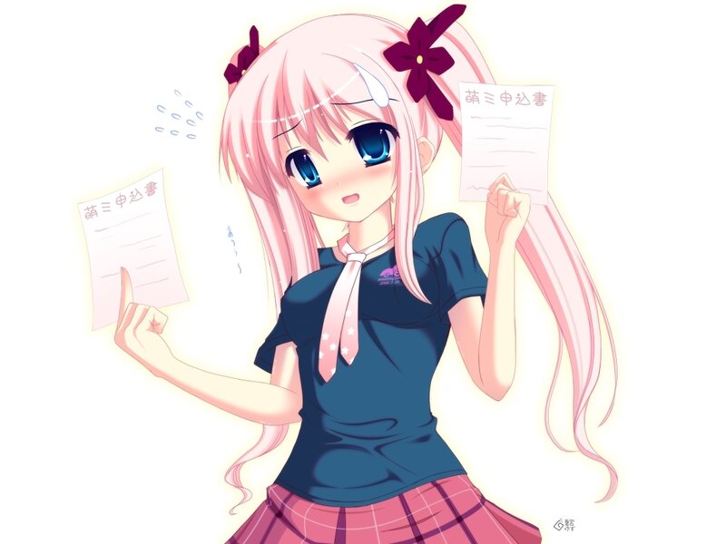 pink-haired anime girl with papers